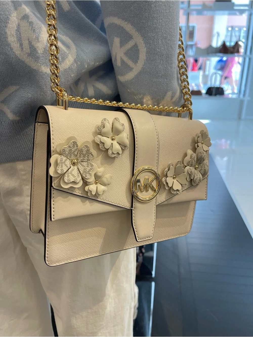 MICHAEL KORS Greenwich Sm Embellished Signature Logo Trim Crossbody Lt Cream NWT